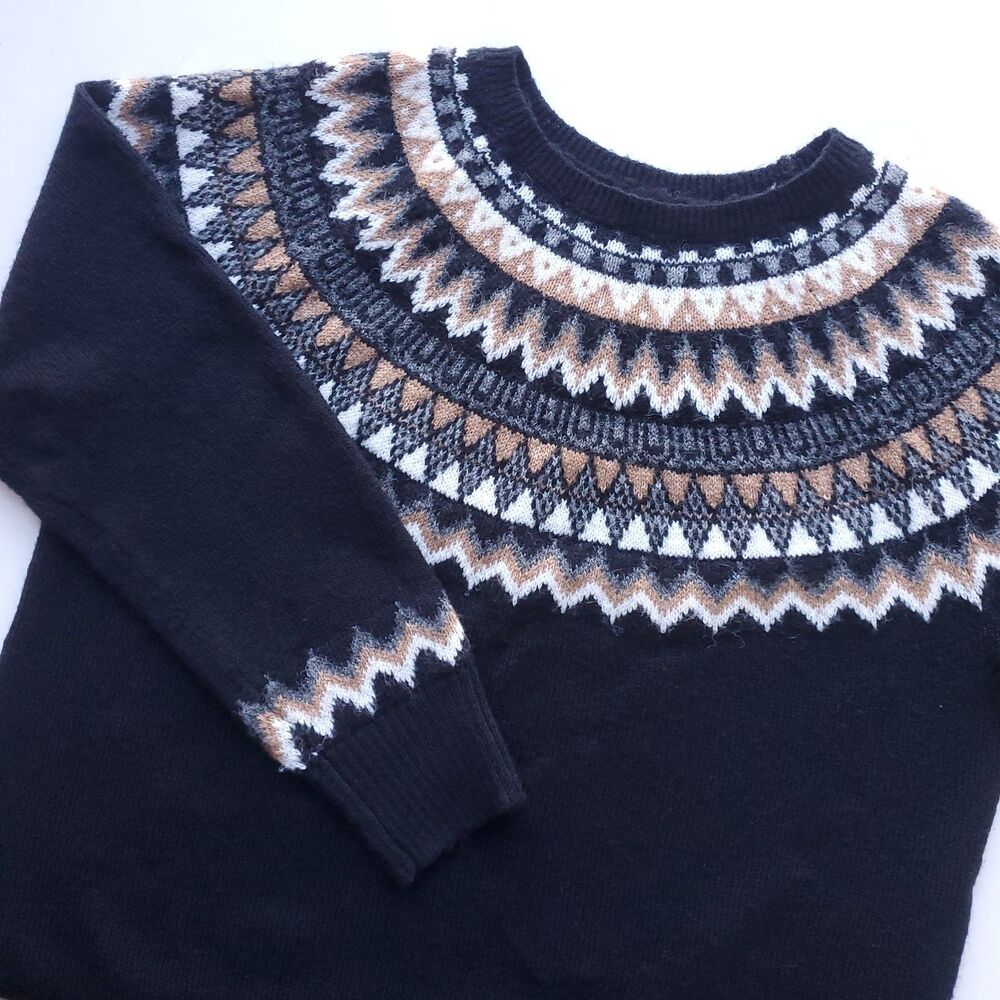 Talbots Fair Isle Yoke Sweater Sz L Pullover Crew Neck Black White Tan Nordic